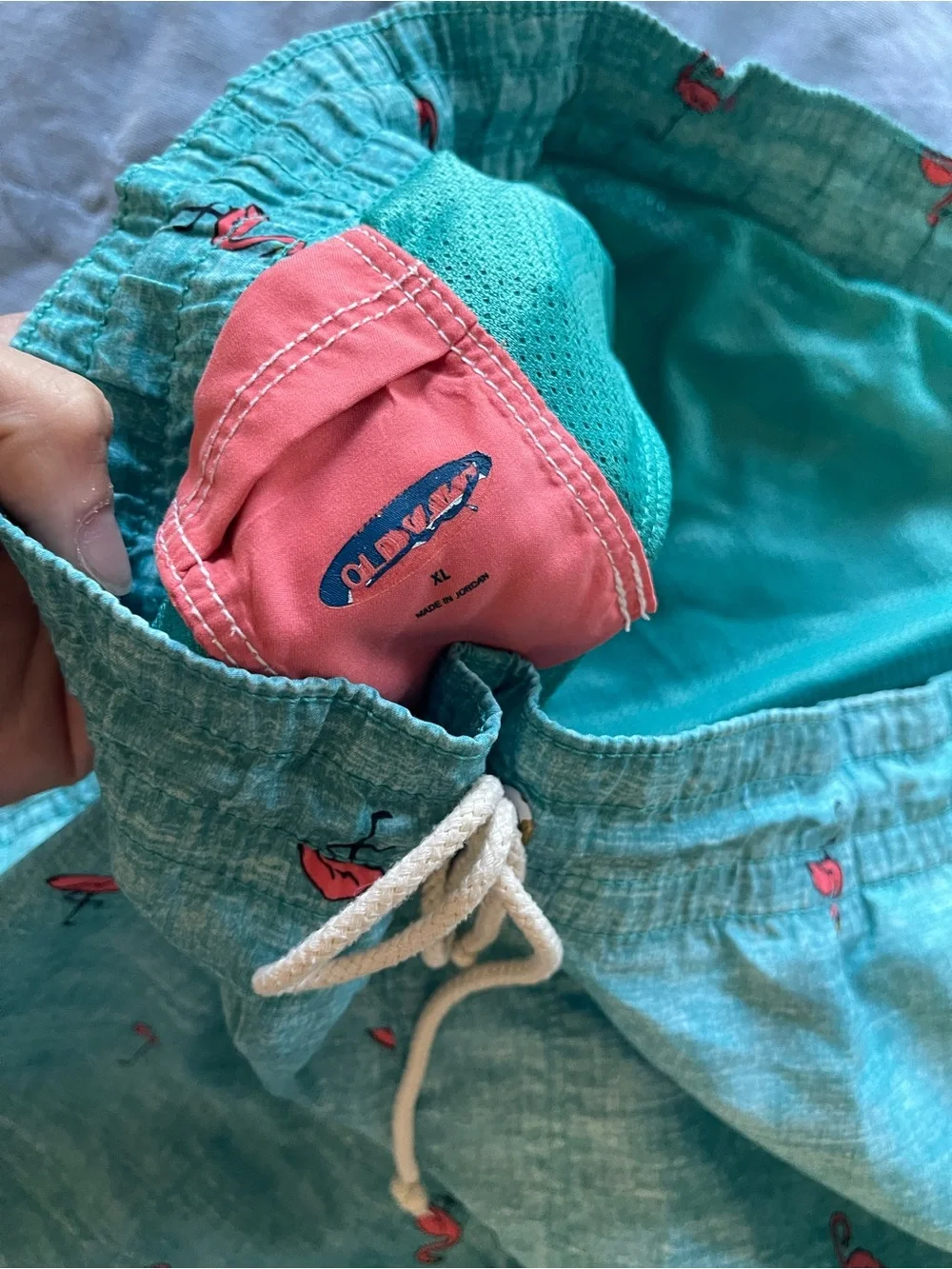Old Navy Teal Swim Trunks with Pink Flamingo Print